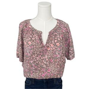 Lucky Brand Taupe Floral Split-Neck Blouse with Pink Accents